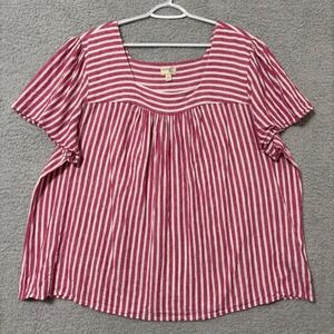 Pink Linen Blend Striped Blouse Square Neck Cottagecore Casual Summer Top 3X